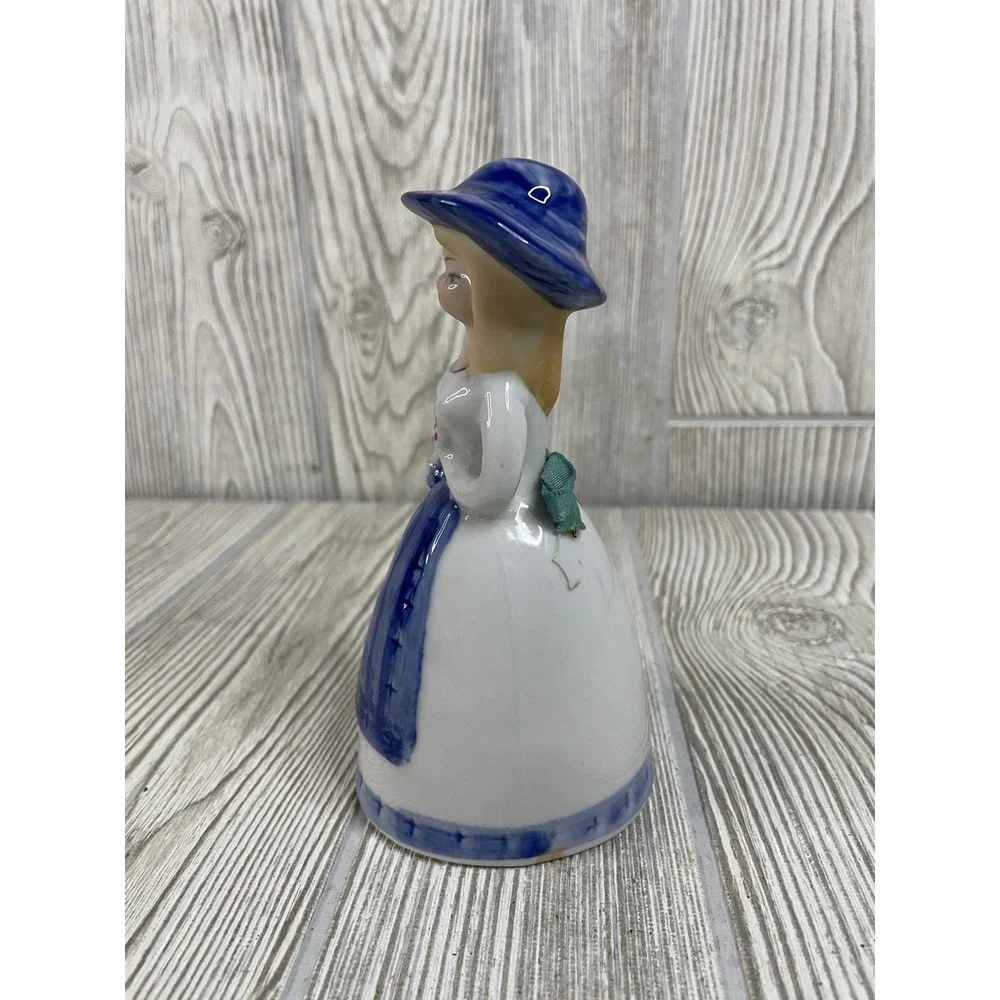 Porcelain Figural Bell Victorian Woman Girl Blueware Dinner Bell Flowers 5.5